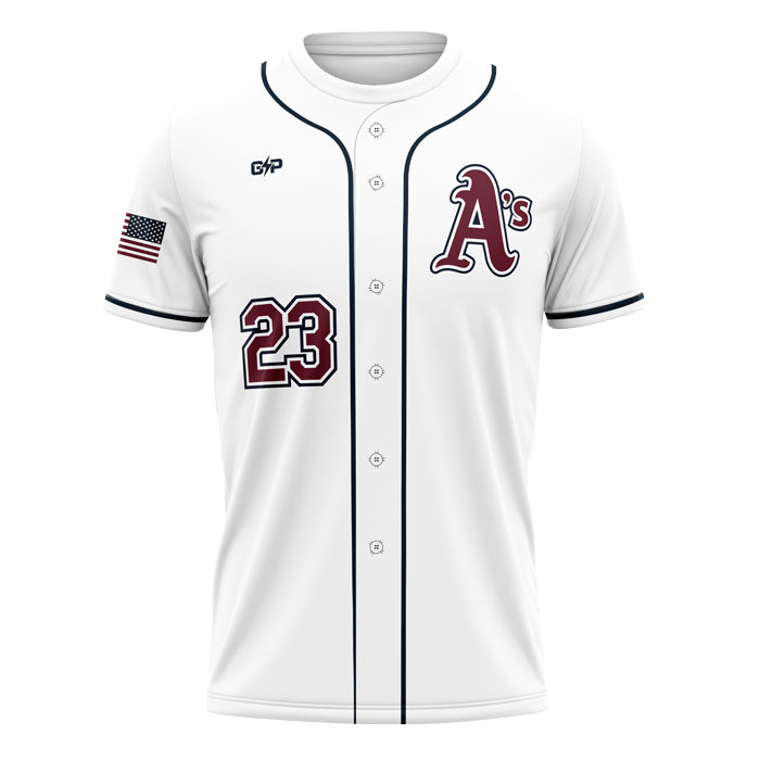 A's Youth Sublimated Faux Full Button White Jersey TShirt (Premium)