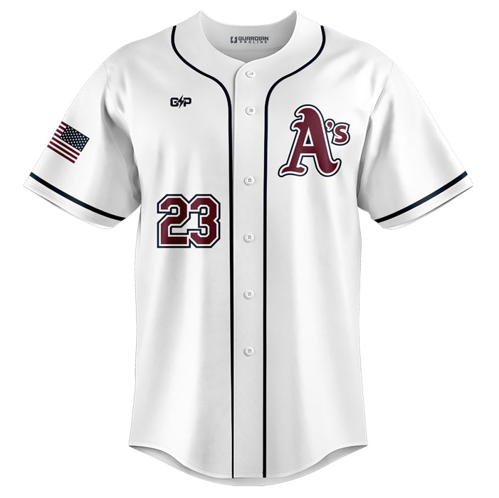 A's Mens Sublimated Full Button White Jersey (Premium)